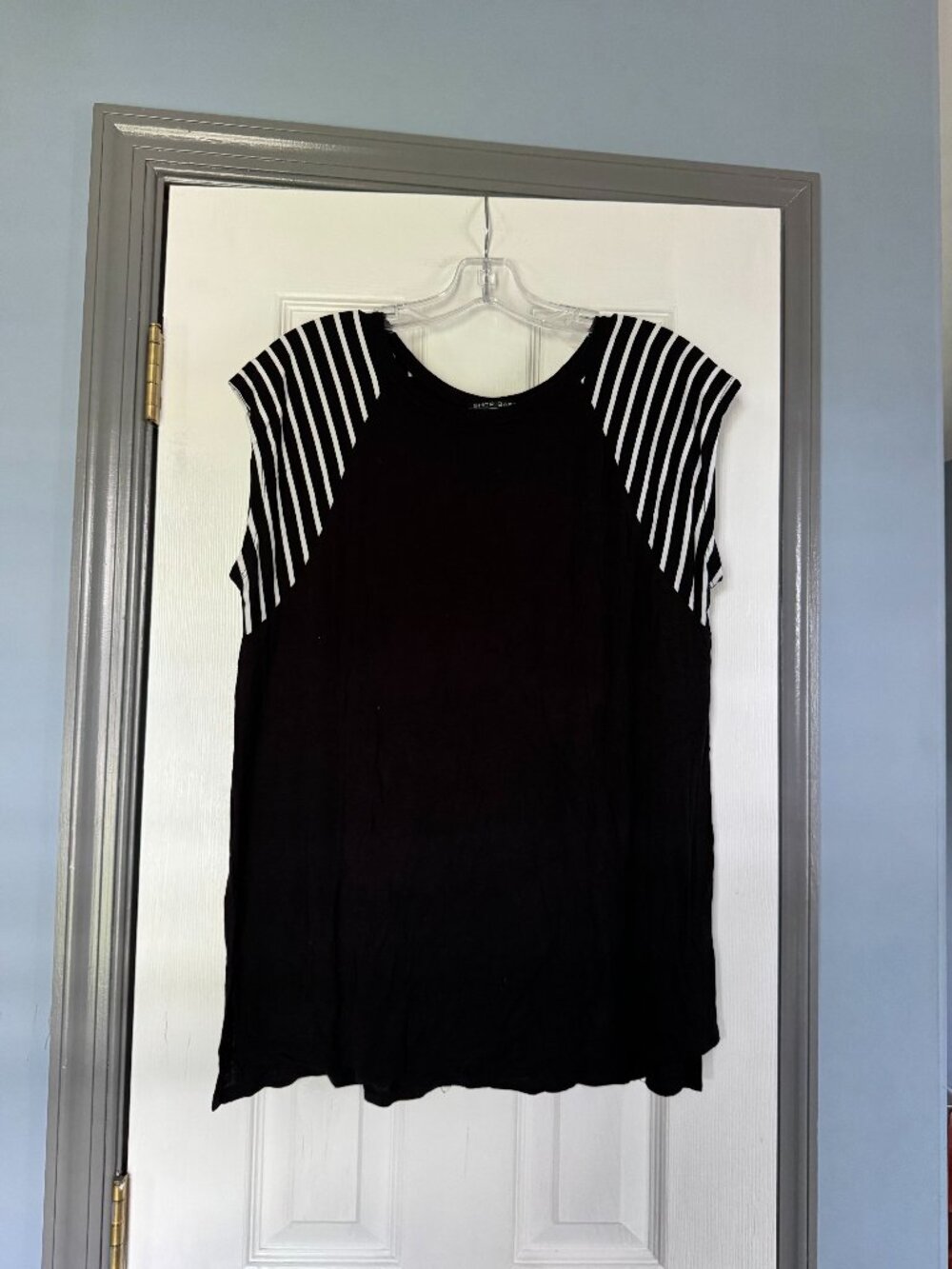 Shop Basic Size - M  Black solid short sleeve top Striped sleeves